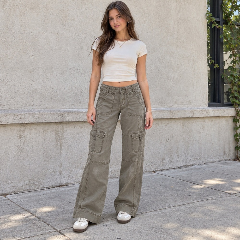 Old Navy Vintage Y2K Cargo Pants Olive Green Low Rise Wide Leg Womens Size 6